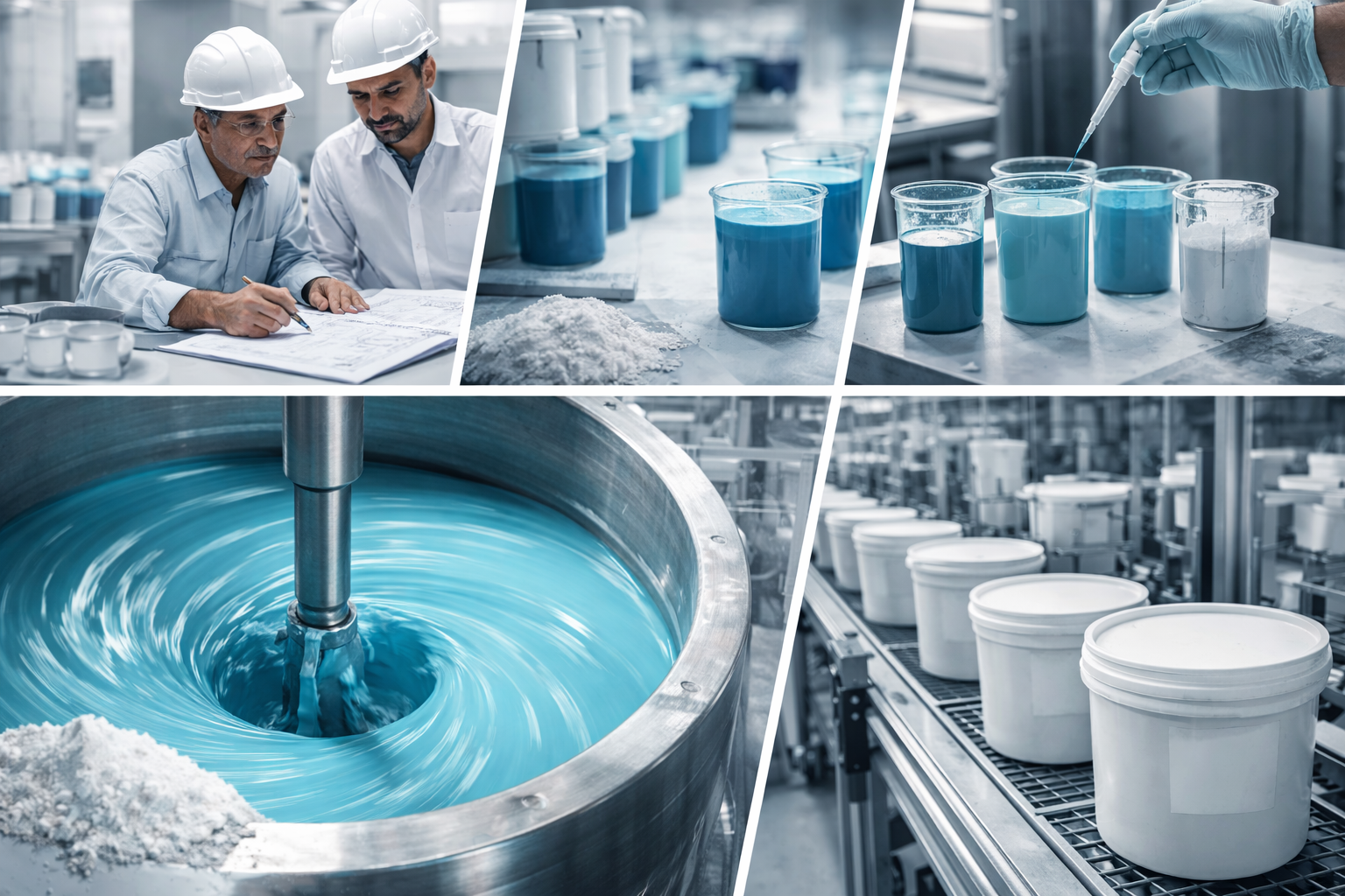 Manasa Coats paint manufacturing - workers reviewing plans, paint mixing, laboratory testing, and production line